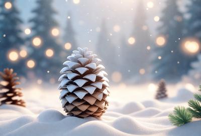 The primary subject of the image is a snow-covered pinecone, which is the main object, scene, or focus of the image. The setting/background features a snowy environment, with a forest visible in the background. The visual style of the image is a digital art or illustration, as it is a well-crafted and detailed representation of the pinecone in the snow. The colors and mood of the image are predominantly white and cold, as the snow and pinecone are the